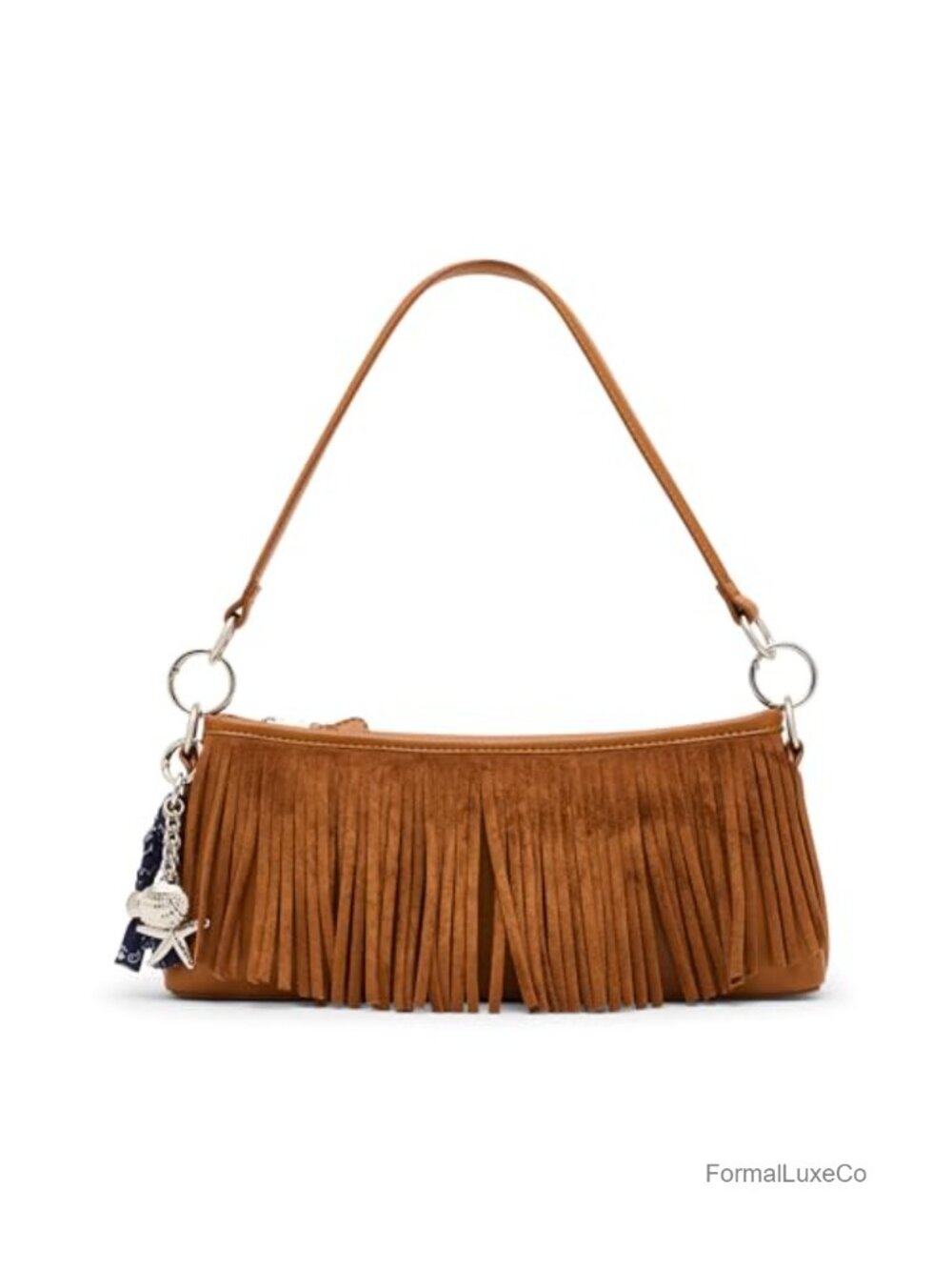 Faux Suede Fringe Shoulder Bag Satchel Zipper Closure